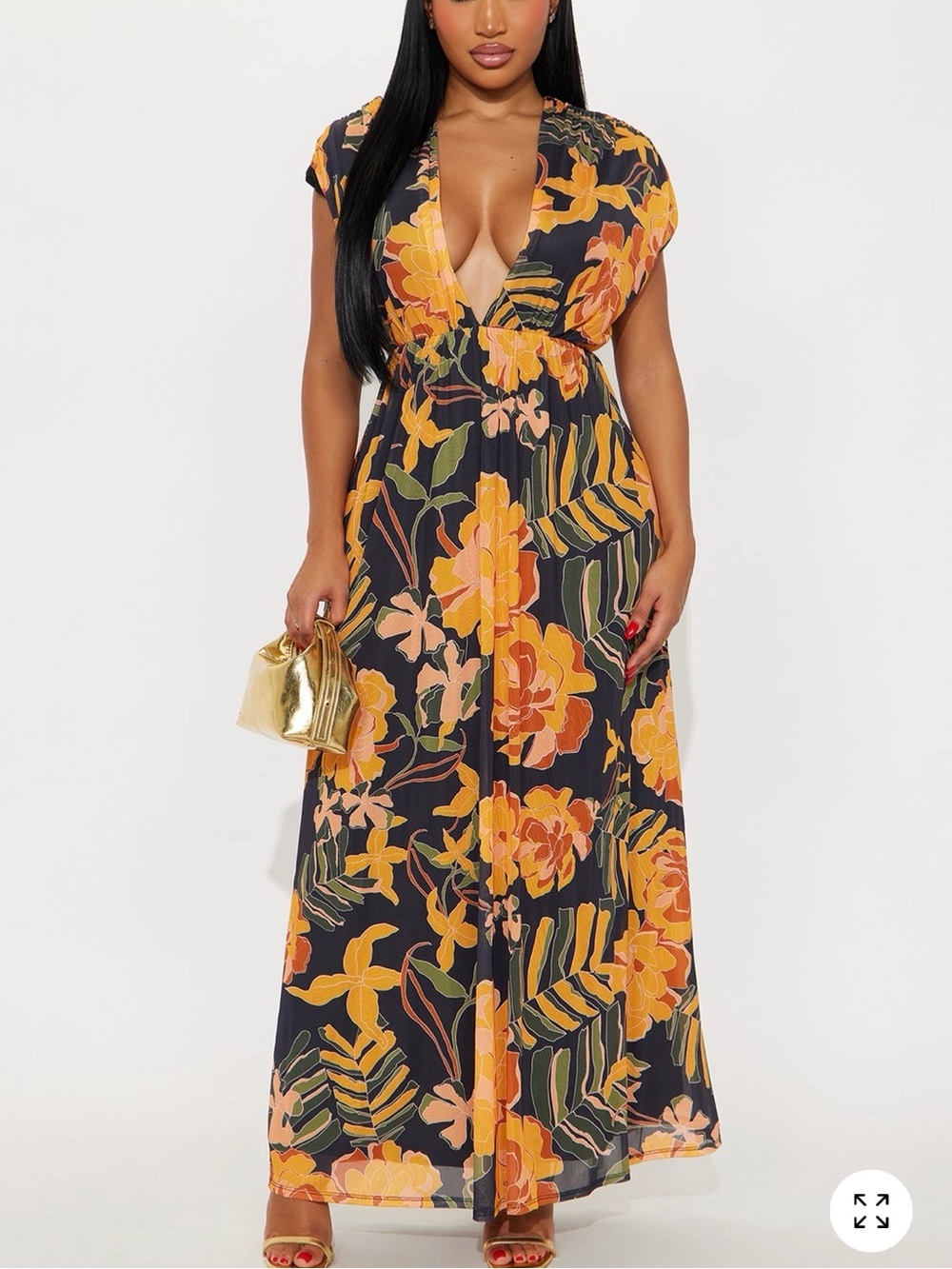 Fashion Nova Black Maxi Dress with Orange & Yellow Floral Print